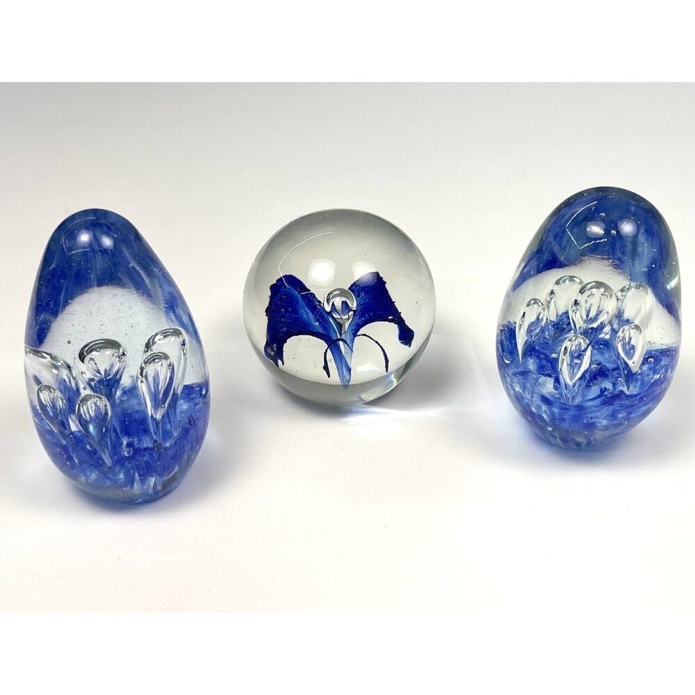 VTG Lot 3 MCM 3.5" Cobalt Hand Blown Egg-Shaped Controlled Bubble PAPERWEIGHTS